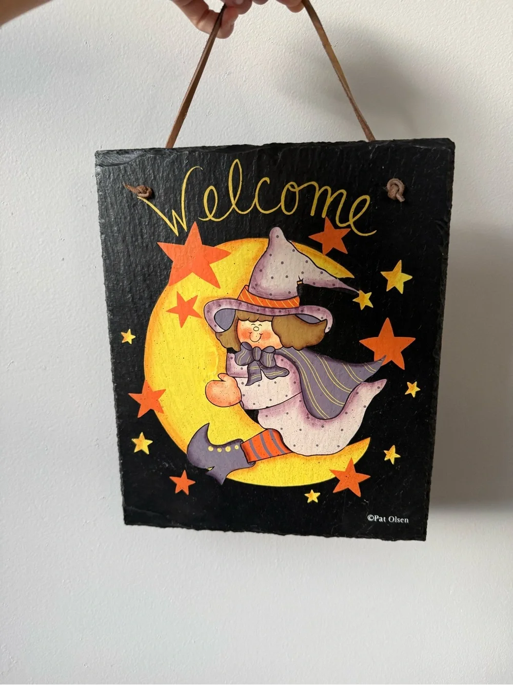 Vintage 90s Pat Olsen Welcome Wall Plaque Slate Halloween Moon Hang Wall Decor